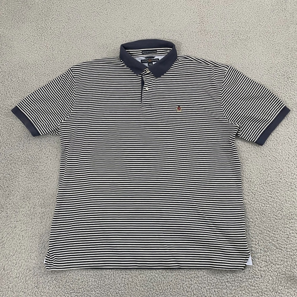 VTG Tommy Hilfiger Mercerized Luxury Cotton Polo XL Navy‎ Striped Preppy Crest